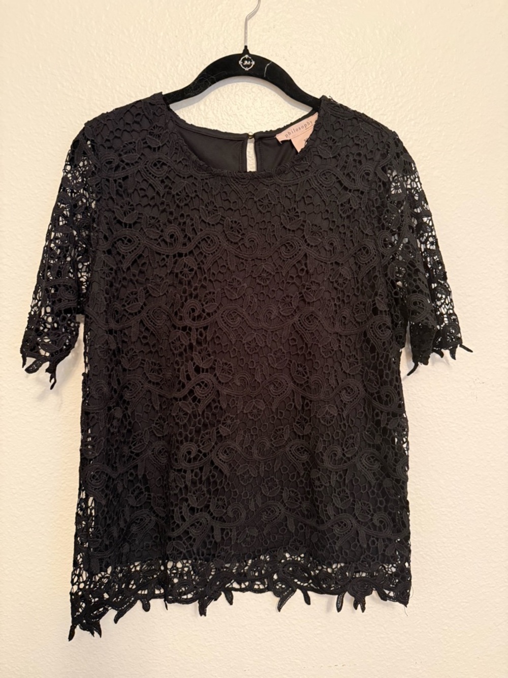 Size S Philosophy Black Lace Short-Sleeve Crochet Top